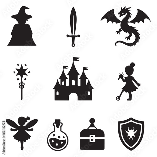 Vector art of a collection of black and white icons depicting fantasy elements like wizards, dragons, and castles