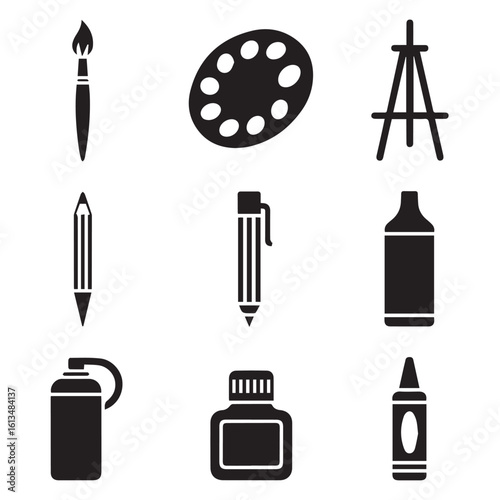 Vector art of a collection of black silhouette icons representing art and drawing supplies