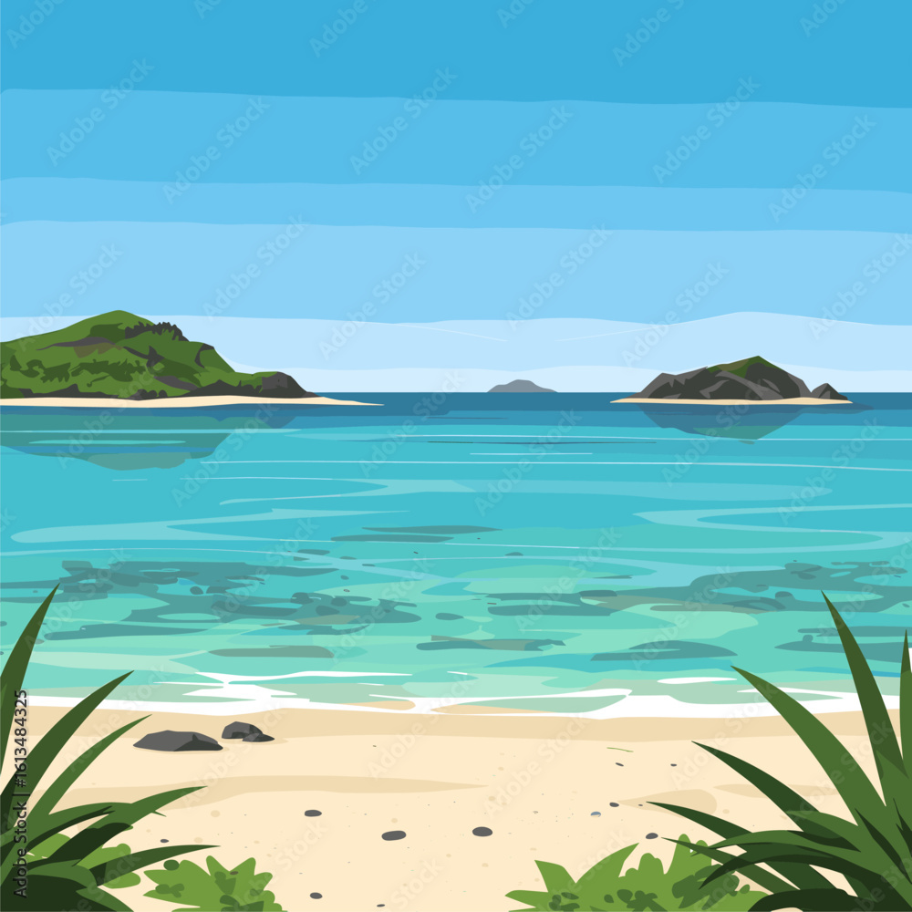 Fototapeta premium Beautiful Tropical Beach with Crystal Clear Turquoise Water, Sandy Shore, and Distant Islands Landscape