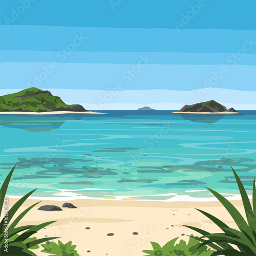Beautiful Tropical Beach with Crystal Clear Turquoise Water, Sandy Shore, and Distant Islands Landscape