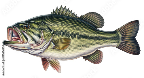 Detailed illustration of a largemouth bass fish with open mouth and sharp teeth swimming in freshwater isolated on transparent background