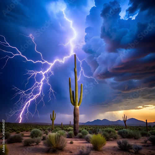 Lightning strikes behind a saguaro cactus in the desert