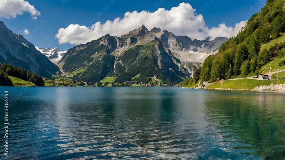 Fototapeta premium Panoramic View of a Crystal-Clear Alpine Lake in the Majestic Swiss Alps — Scenic Mountain Landscape, Tranquil Waters, Natural Beauty, and Breathtaking Horizon