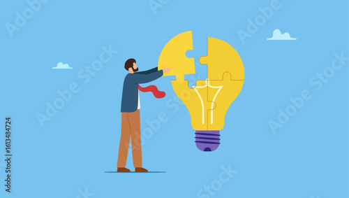 Smart businessman solving lightbulb idea puzzle by connecting last jigsaw piece. Problem solver, get solution to overcome difficulty, idea, creativity or innovation to fix problem or trouble.