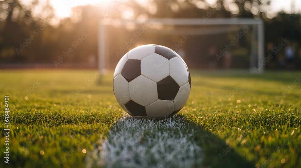 Fototapeta premium A classic soccer ball rests on a vibrant green field, with a goalpost in the background bathed in golden sunset light.