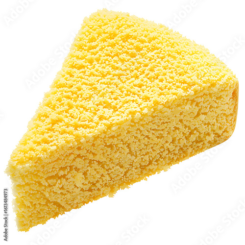 A slice of yellow, textured cheese with a crumbly surface