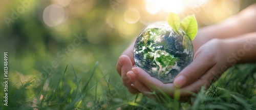 The hands holding a miniature Earth with vibrant green leaves and sunlight.