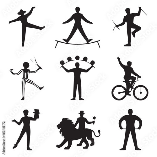 Vector art of a collection of circus performer silhouettes showcasing various acts like tightrope walking, juggling, and lion taming