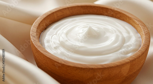 Teak Bowl with White Cream on Silk – Macro Close-Up with Natural Light and Smooth Texture