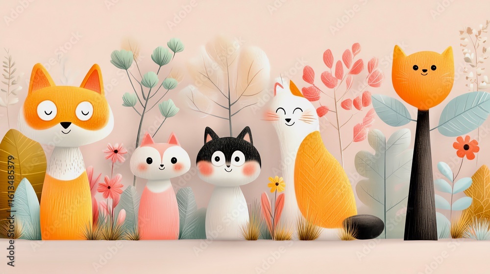 Fototapeta premium A dreamy nursery scene features adorable geometric creatures in a serene pastel wonderland of pink and turquoise. Its clean, minimalist, Scandinavian design sparks young imaginations. 