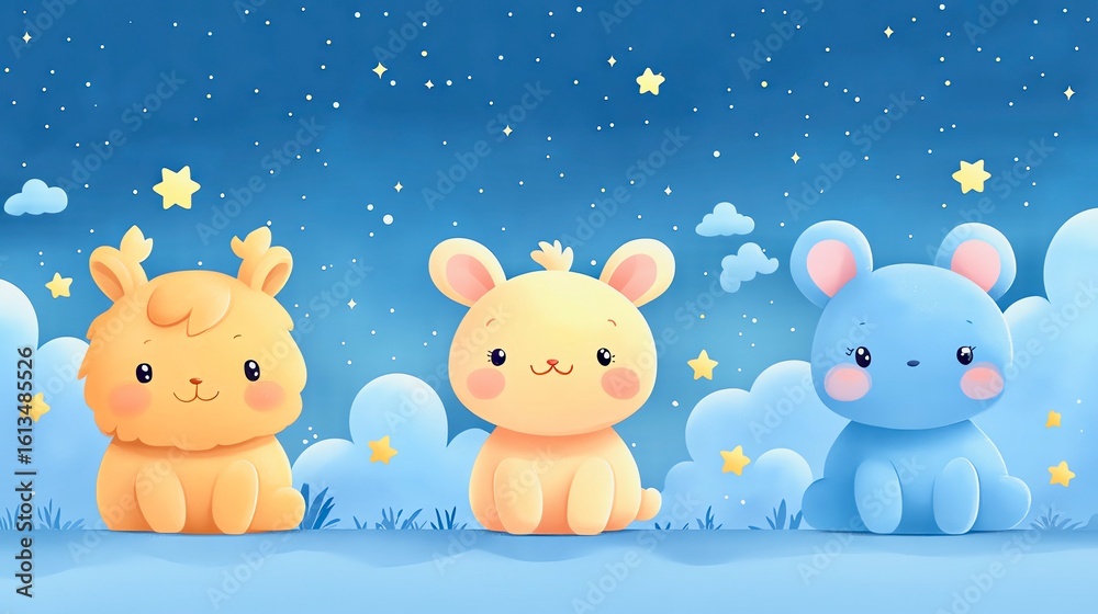 Naklejka premium Dreamy nursery scene: Gentle pastel animals in a landscape of soft shapes and floating elements. 