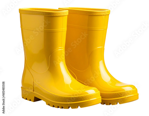 Shiny Yellow Rain Boots Facing Forward, Pair Display, Transparent PNG.And transparent the background.