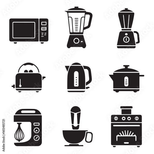 Vector art of a collection of modern kitchen appliance silhouettes including microwaves, blenders, kettles, and mixers