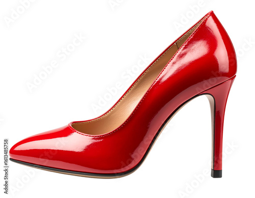 Red High Heel Shoe Side View, Glossy Finish, Isolated on Transparent Background.