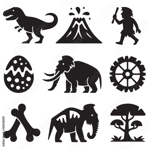 Vector art of a collection of prehistoric icons including a dinosaur, volcano, caveman, mammoth, and bones