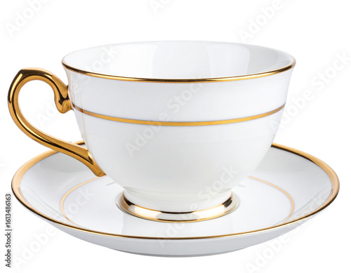 Classic White Teacup with Gold Rim, Front View, Transparent Background. 