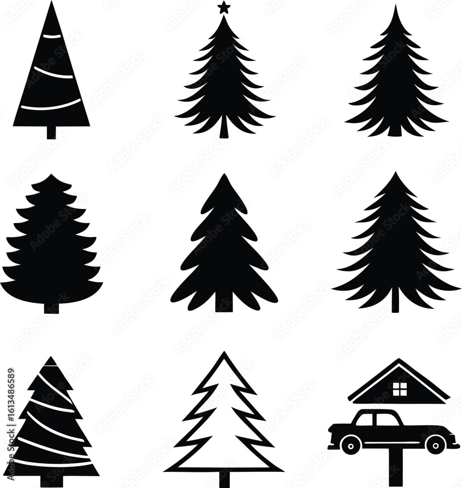 Fototapeta premium Christmas, tree, icon, set, pine, fir, silhouette, vector, black, isolated, illustration, design, winter, forest, holiday, symbol