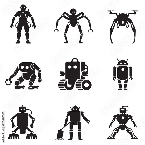 Vector art of a diverse collection of black silhouette icons depicting various robots and futuristic technology, including humanoid robots, a spiderlike robot, a drone, and automated machines