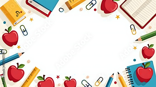 Back to school concept background with colorful supplies like books, pencils and apples creating a circular frame for text.
