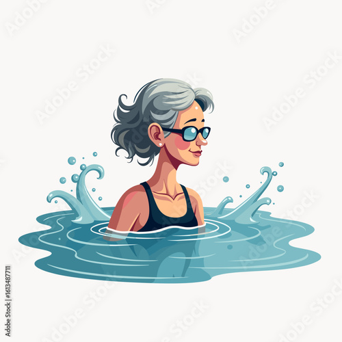 Elderly woman swimming in water with glasses and smiling expression  
