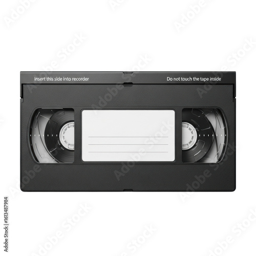 A single black vhs video cassette with a blank matte white label, clear windows showing tape reels, and small white 'insert this side into recorder' text, isolated on transparent, top-down, nostalgic