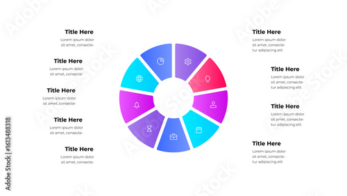 A visually appealing circular infographic showcasing nine icon based segments surrounded by descriptive text boxes. Nine steps cycle diagram