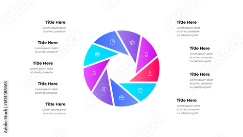 Illustration of a circular infographic with 9 segmented sections, colorful icons, and placeholders for customizable text labels. Nine steps cycle diagram