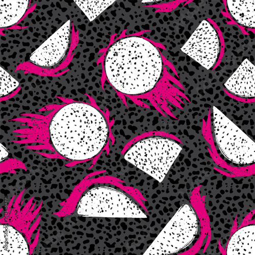 Pink Dragon Fruit Slices Vector Seamless Pattern