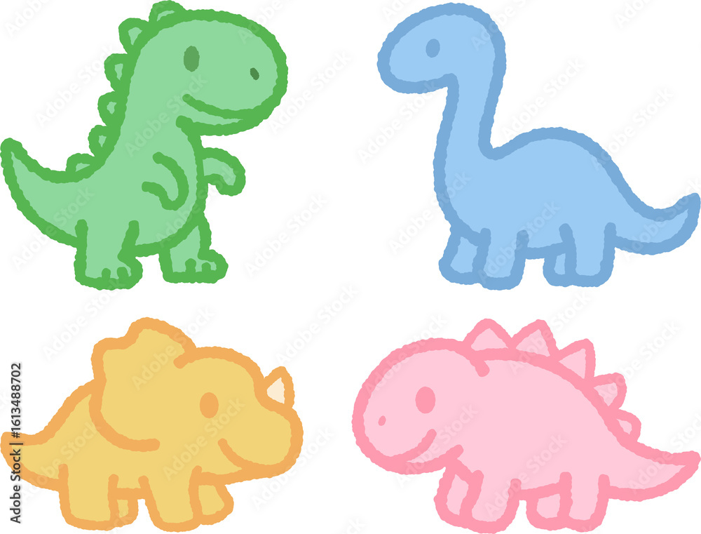 Obraz premium Cute baby dinosaur stickers set, various poses and colors, cartoon prehistoric animal illustration, playful design elements for kids.