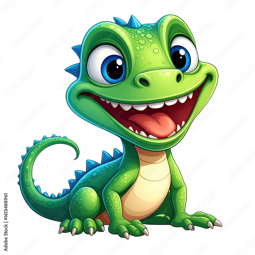 Fototapeta premium Colorful cartoon baby dinosaur with big bright eyes smiling happily with playful expression, set against a plain background, for children?s books and animation