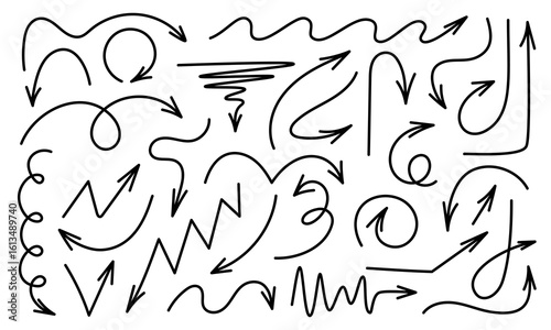 A set of vector arrows. The image includes various shapes and directions of arrows drawn in black lines on a white background, in a simple, graphic style.
