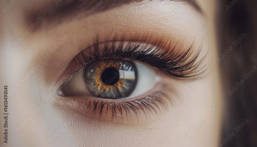 Close-Up Macro Shot Of Female Eye With Long False Eyelashes And Black Eyelash Extensions For Makeup And Beauty Enhancement. Close-Up Macro Shot Of Female Eye With Long False Eyelashes And Black Eyelash Extensions For Makeup And Beauty Enhancement.