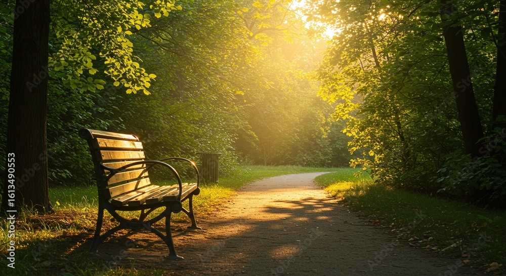 Fototapeta premium A tranquil park bench sits beside a sunlit path in a lush green forest, bathed in the warm, golden glow of the morning sun