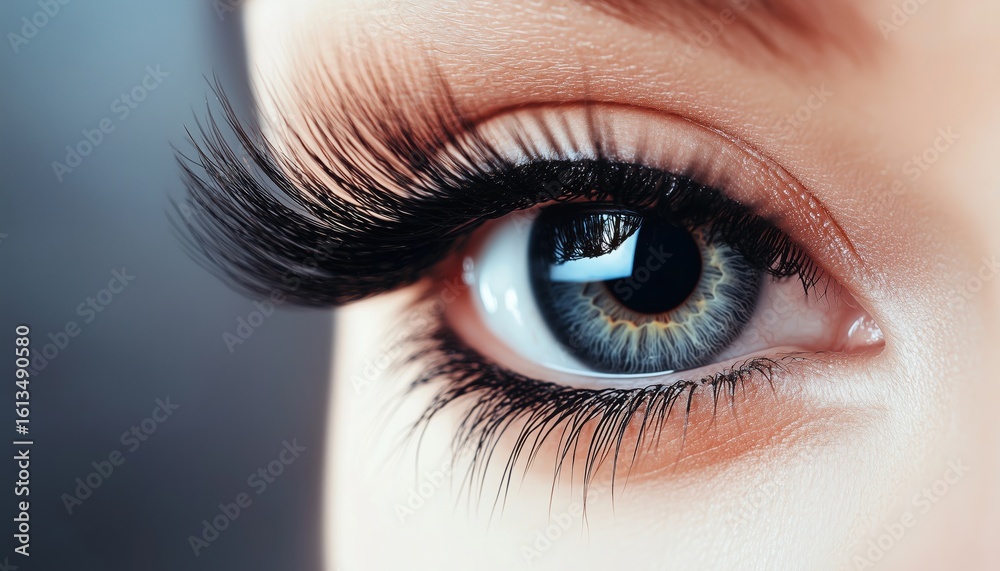 Obraz premium Close-Up Macro Image Of Female Eye Featuring Excessively Long Fake Eyelashes And Black R. Eyelash Extensions. Beauty, Makeup, And Cosmetics Focus.