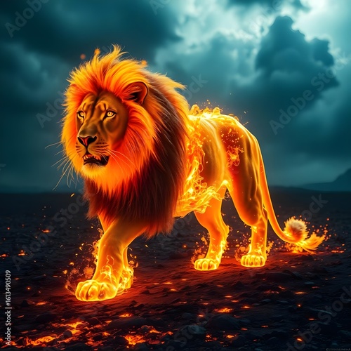 Volcanic Inferno Lion: Majestic Beast with Flaming Mane & Golden Eyes Striding Molten Ground
