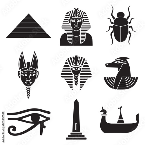 Vector art of a set of black silhouette icons depicting ancient egyptian symbols and figures