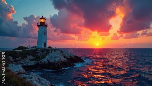 Fototapeta Naklejka Na Ścianę i Meble -  Savudrija lighthouse sunset, dramatic sea view, clouds, lighthouse, sunset