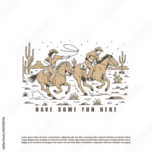 Retro hand drawn cowboy and cowgirl race in western desert background