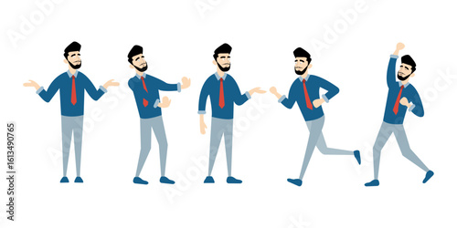 Businessman character set showing a range of expressive poses: thinking, arguing, explaining, walking, and celebrating. Ideal for corporate illustrations.