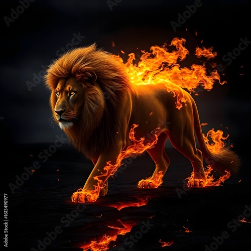 Volcanic Inferno Lion: Majestic Beast with Flaming Mane & Golden Eyes Striding Molten Ground