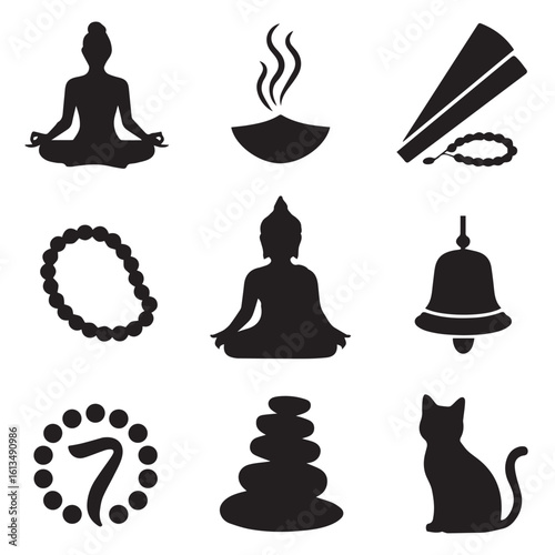 Vector art of a set of black silhouette icons representing meditation, spirituality, and peaceful activities