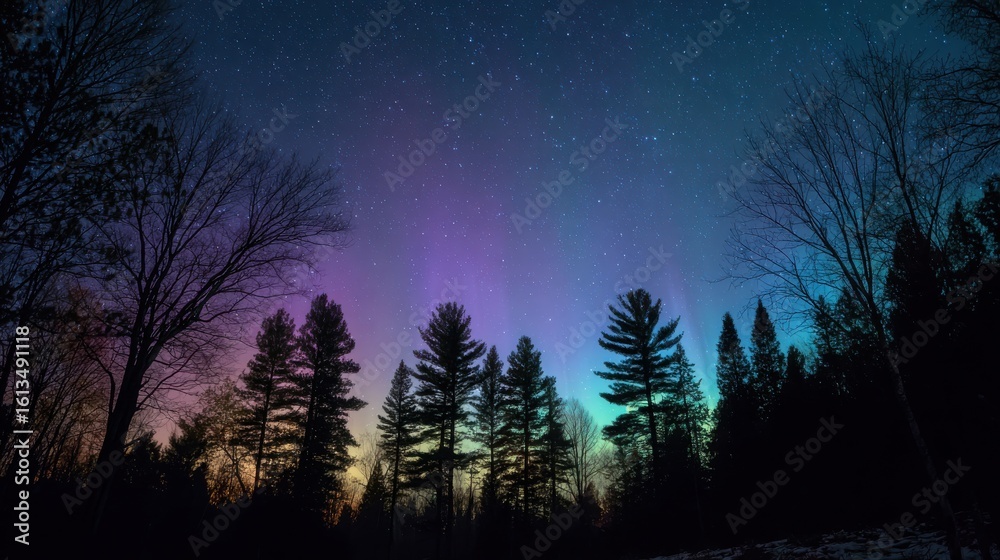 Fototapeta premium Stunning Night Sky with Aurora Borealis and Silhouette of Trees