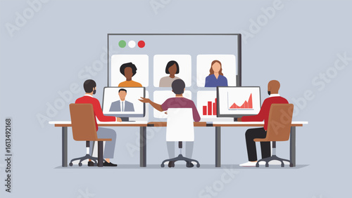 People attending a virtual meeting with charts and graphs displayed on computer screens in an office space