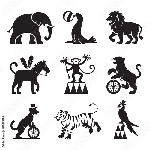 Vector art of a vibrant collection of circus animal silhouettes performing tricks, including elephants, lions, and monkeys