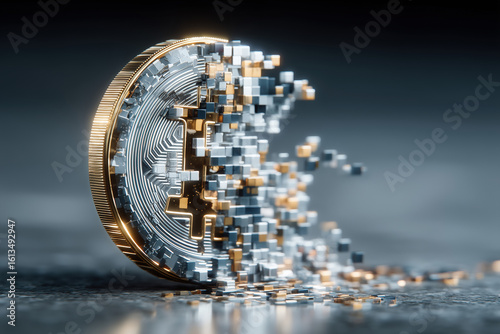 Gold and Silver Cryptocurrency Coin Disintegrating into Digital Pixels Symbolizing Blockchain Financial Volatility Tech Investment Future