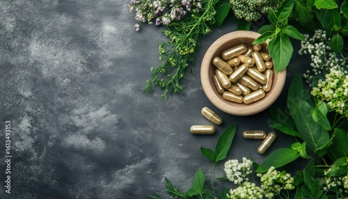 Top View Of Alternative Medicine, Naturopathy, And Dietary Supplements: Herbal Remedies In Capsules And Plants With Copy Space.