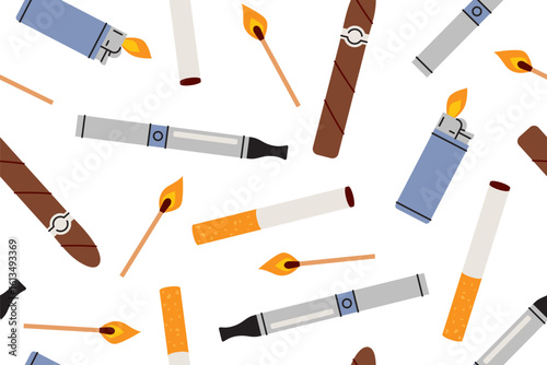 seamless pattern with different tobacco products; ideal for awareness projects, anti-smoking campaigns, edgy fashion prints, or themed packaging- vector illustration
