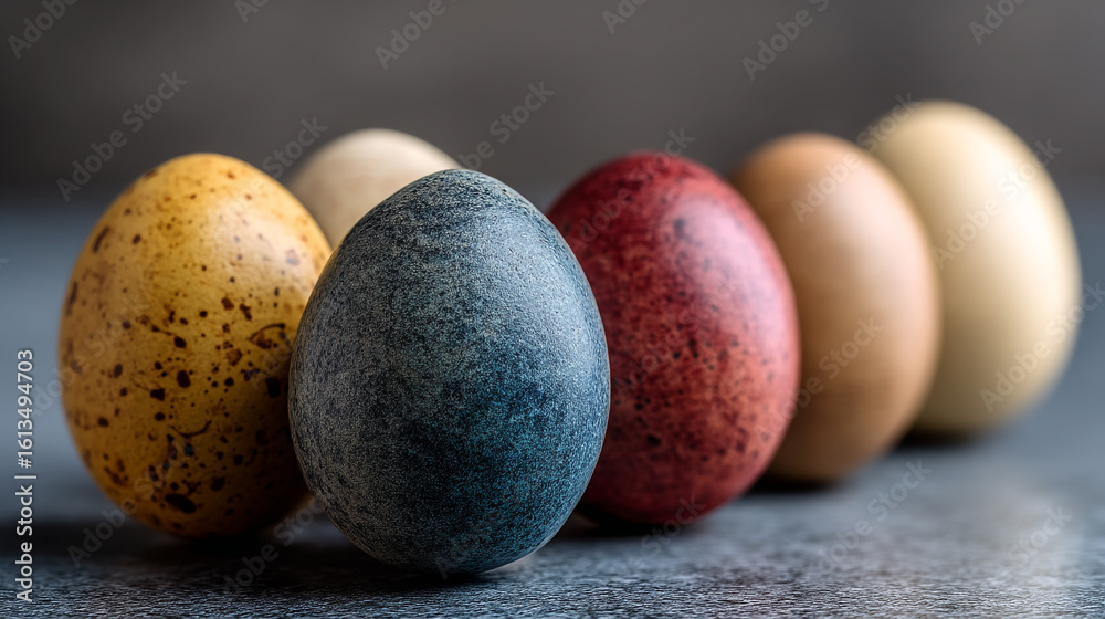 A close up of easter eggs with different colors and textures in a row on a surface A close up of easter eggs with different colors and textures in a row on a surface