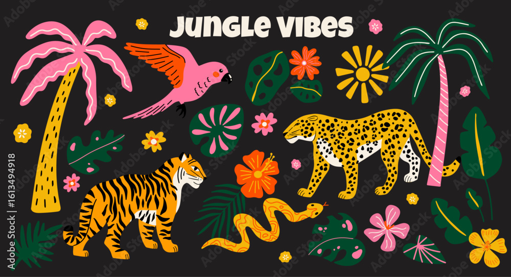 Φωτογραφία Collection of wild jungle animals, exotic flowers, tropical  plants cartoon vect