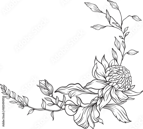 Graceful botanical wreath with hand drawn blooms and leaves, forming a balanced arc of organic elegance. Ideal for nature inspired, minimalist creative themes
